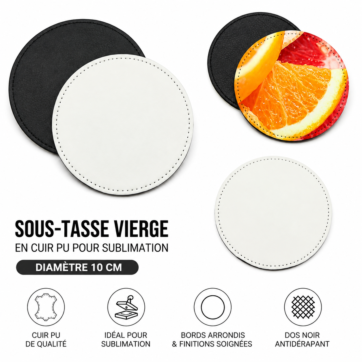 Sous-Tasse Rond en Cuir PU pour Sublimation – Ø 10 cm