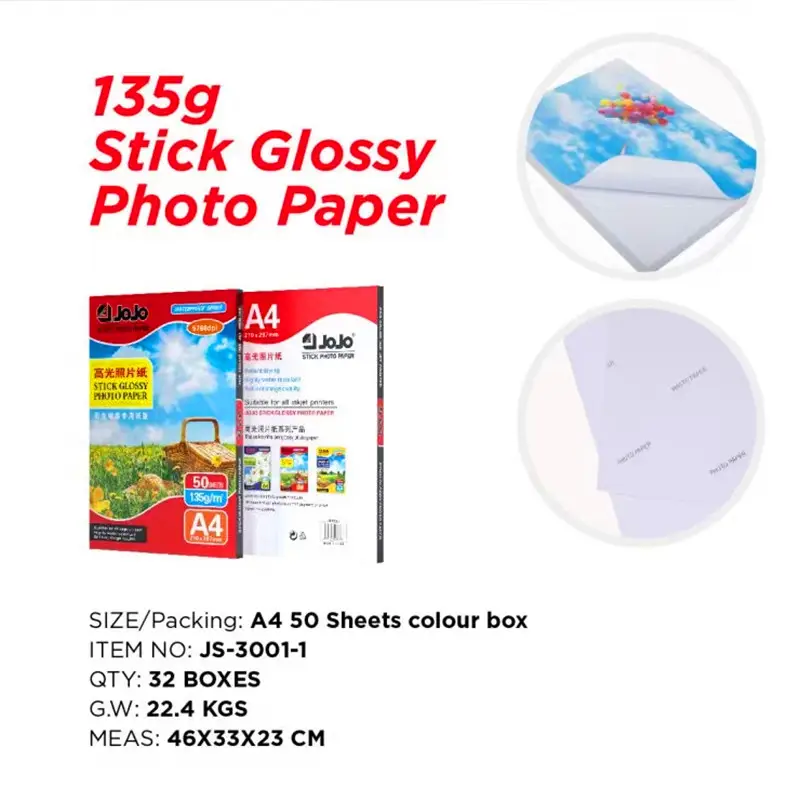 Jojo A4 135g – Papier Photo Adhesif Glossy Waterproof 50 Feuilles – Image 3