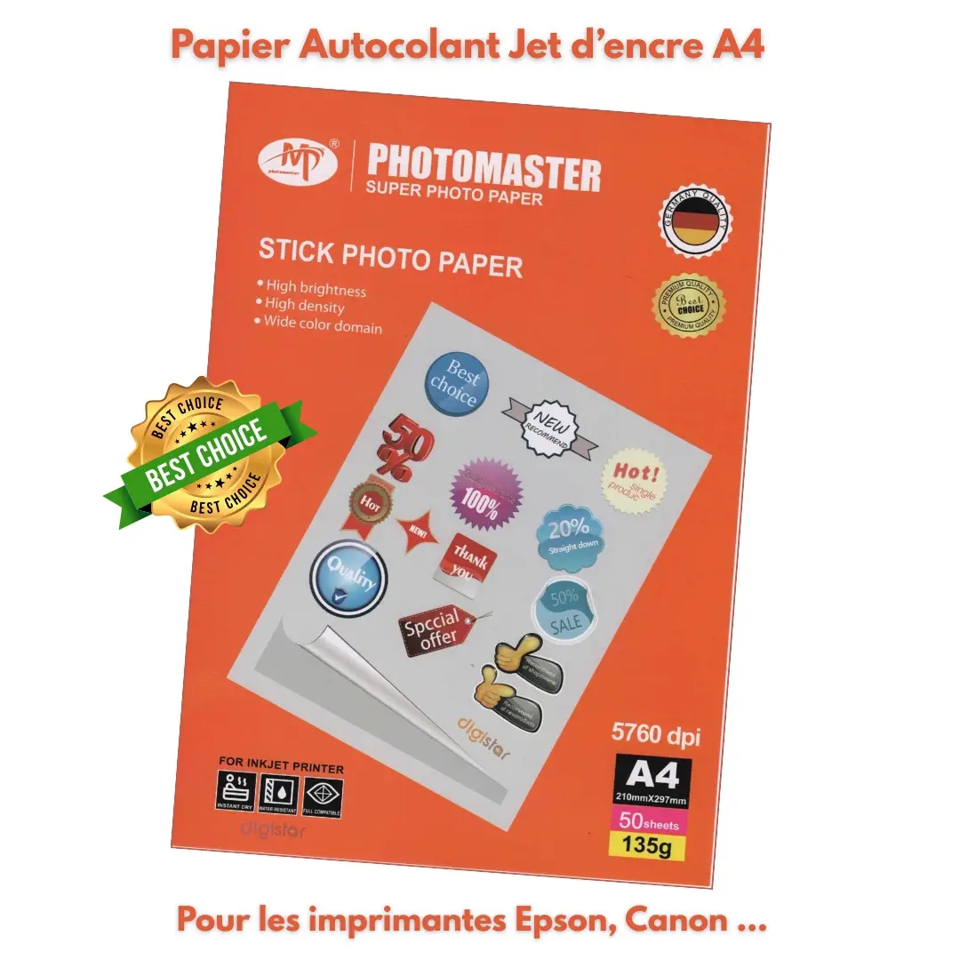 Papier Autocollant InkJet A4 135g PhotoMaster Pour Stickers et Étiquettes