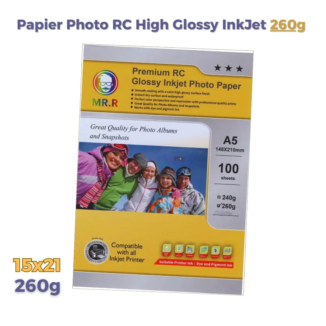Papier Photo Inkjet MR.R Glossy 260g/m² – 15x21 cm A5 – 100 Feuilles