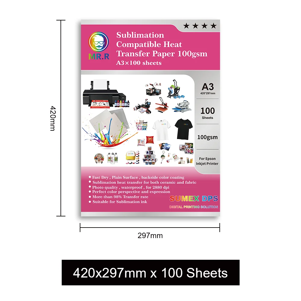 Papier de Sublimation A3 MR.R – 100 Feuilles Haute Qualité pour Impression et Transfert Thermique