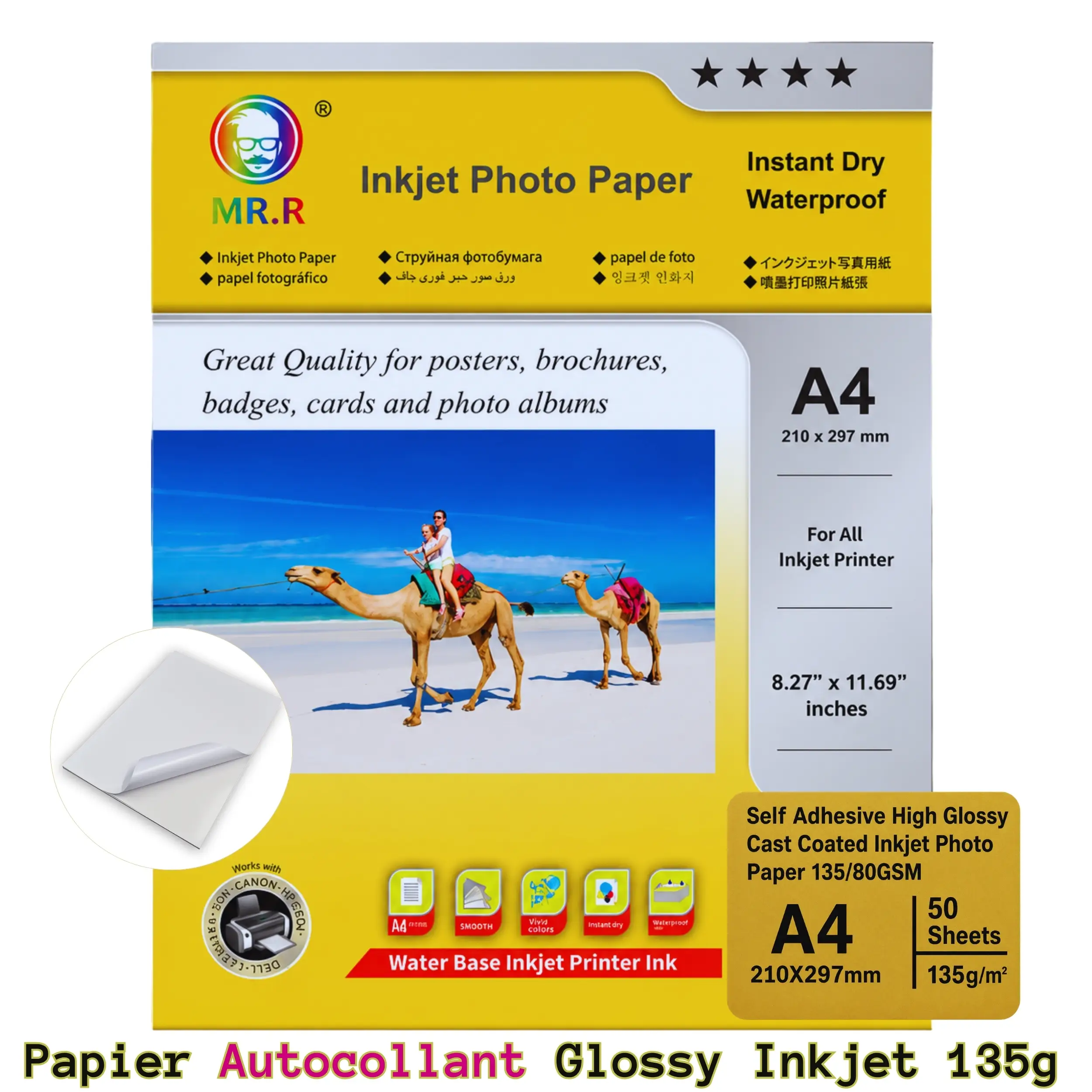 Papier Autocollant Photo Brillant MR.R A4 135 g/m² pour Imprimante Jet d'Encre