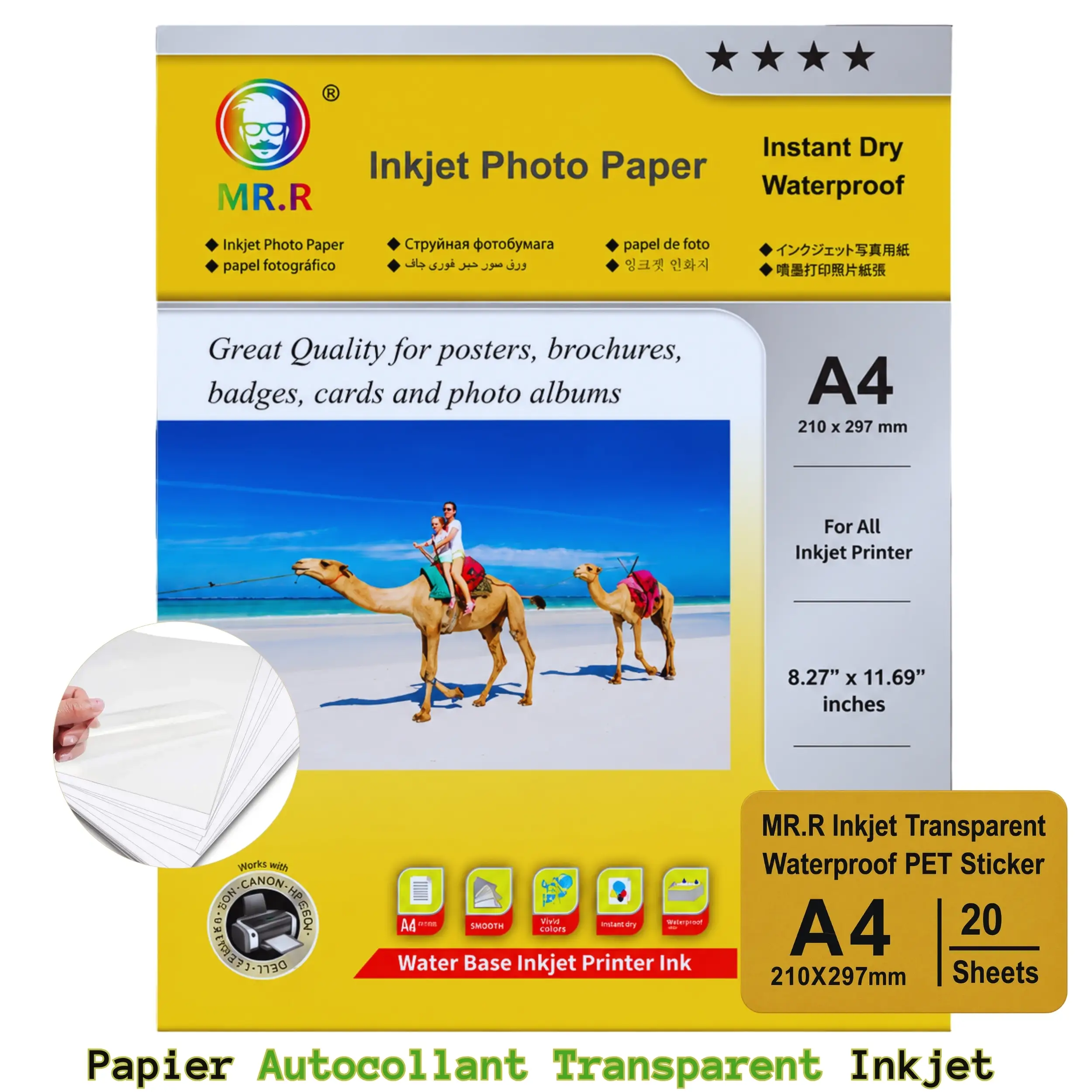 Papier Autocollant Transparent PET MR.R A4 pour Imprimante Jet d'Encre