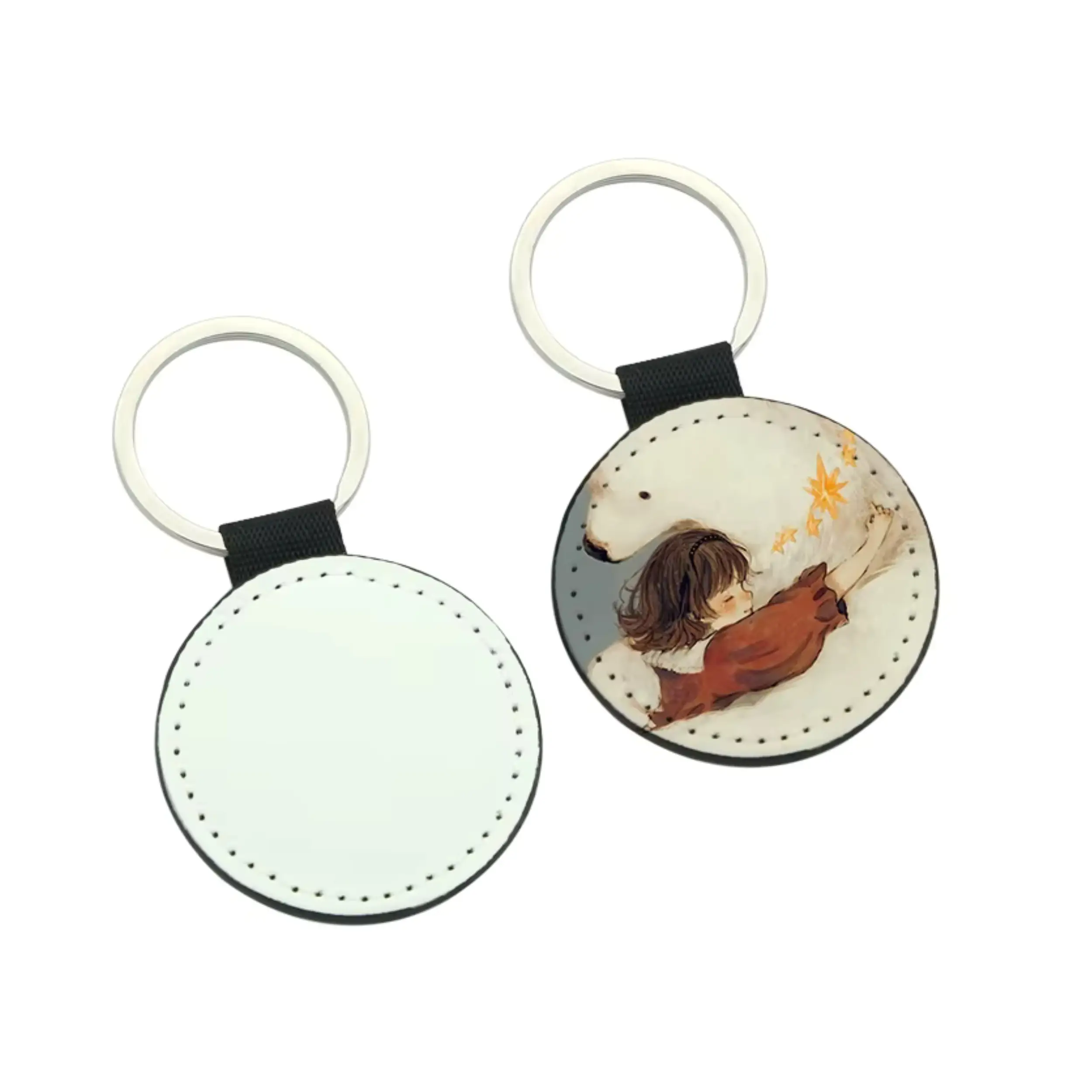 Porte-Clés Rond en Cuir PU pour Sublimation – Face Blanche Dos Noir